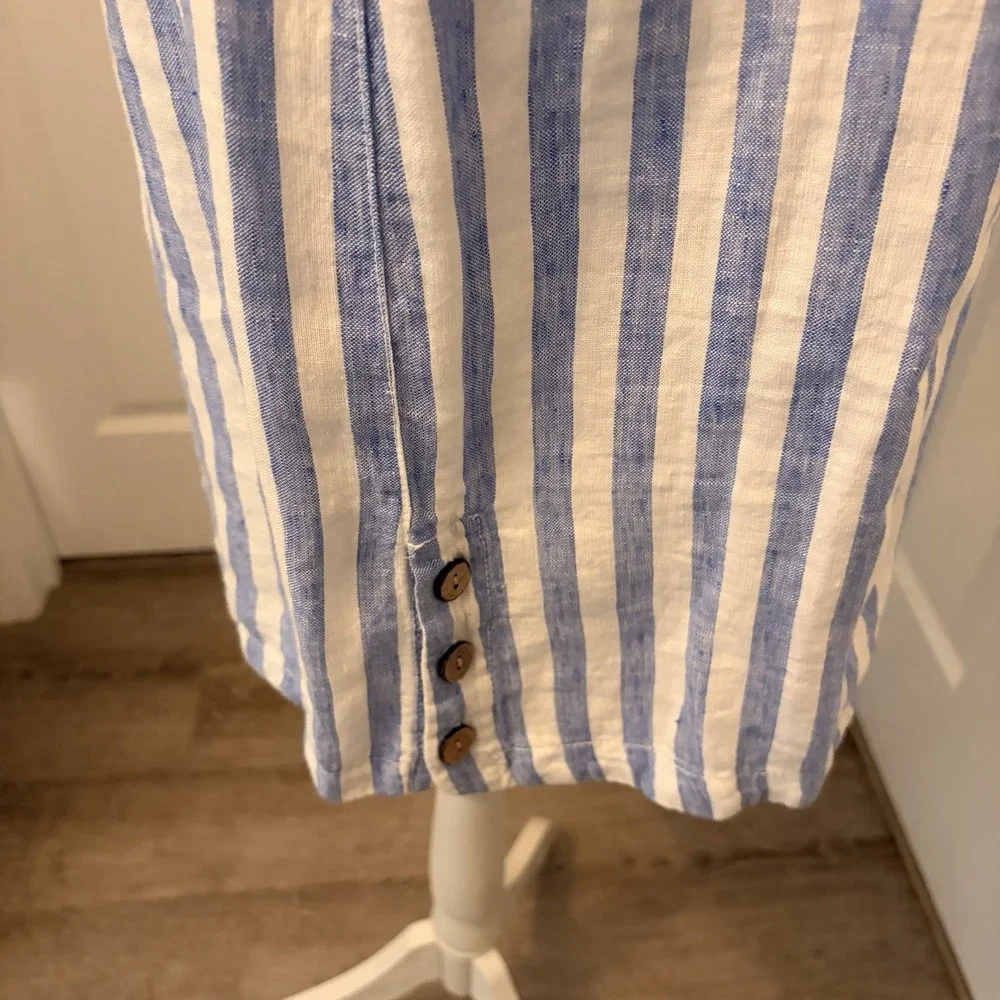 Nicole Miller 100% Linen V-Neck Dress Blue White Striped Popover Nautical Resort - Picture 3 of 10